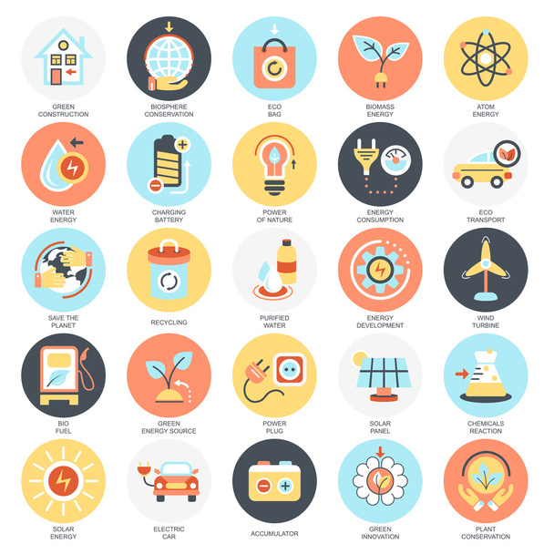 Flat conceptual icons pack of ecological energy source, environmental safety, environment, renewable energy, sustainable technology, recycling, ecology solutions. Concepts for website and design. - Vector, Image
