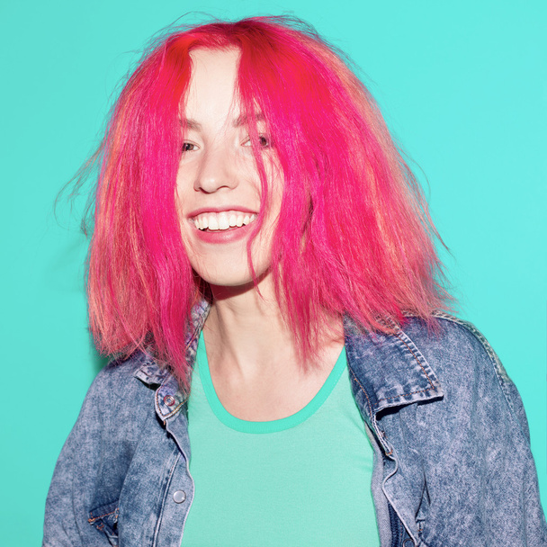 Happy Pretty girl with pink hair. Bright lifestyle - Фото, изображение