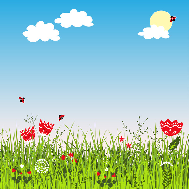 Θετική τοπίο του καλοκαιριού με χλόη λιβαδιών και λουλούδια - Διάνυσμα, εικόνα