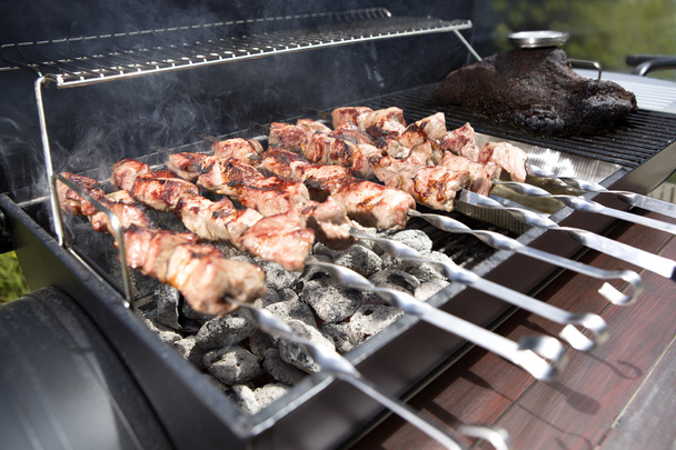Grilling shashlik on a barbeque grill outdoor - Photo, Image