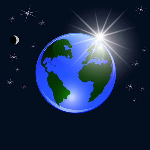 Blue planet earth. View from space to the ground and the rising sun. Stylized glossy ball. illustration - Vector, Image