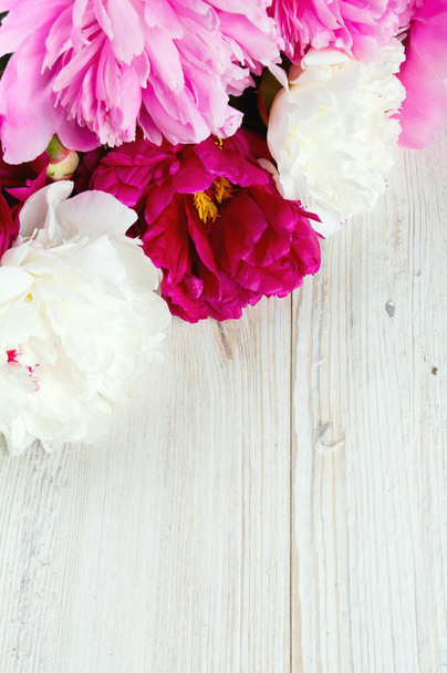 colorful peonies on white wooden surface - Фото, изображение