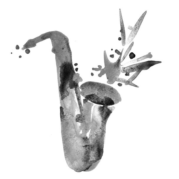 saxofón alto clásico dibujado a mano sobre salpicaduras de acuarela
 - Foto, imagen