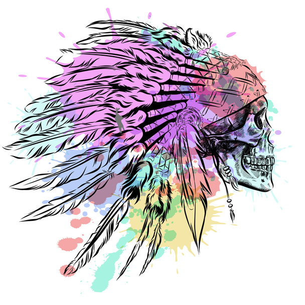 Hand Drawn Native American Indian Feather Headdress With Human Skull. Vector watercolor Illustration - Vector, Image