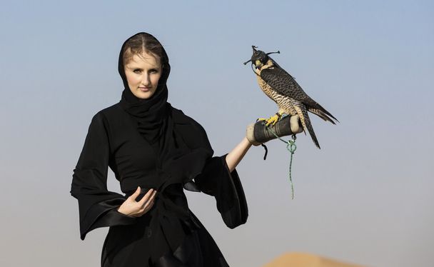 emirati mulher com um falcão
 - Foto, Imagem