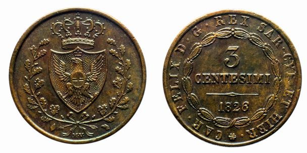 τρία λεπτά λιρέτες Savoy χαλκού νομίσματος 1826 Τορίνο Carlo Felice προ της ενοποίησης της Ιταλίας - Φωτογραφία, εικόνα