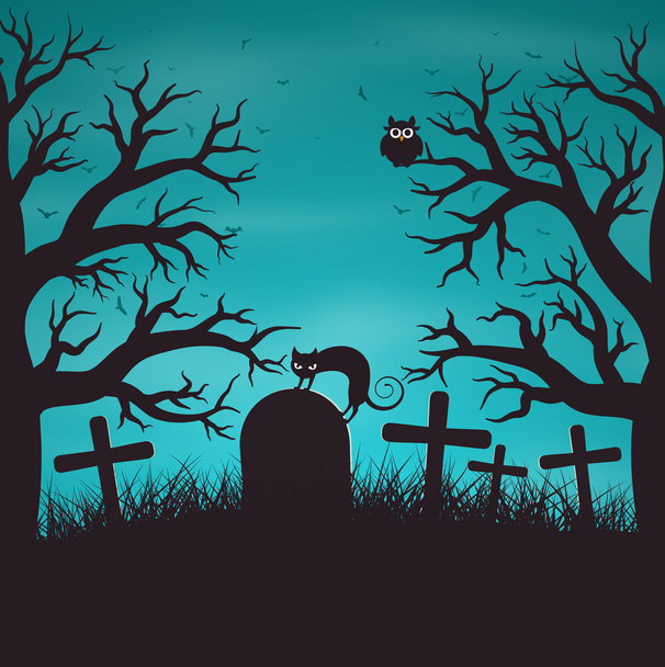 Halloween night background in wood on an old graveyard with cat on tombstone. - Vecteur, image