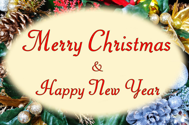 Joyeux Noël et Bonne Année message dans un cadre ovale sur un fond de Noël
. - Photo, image