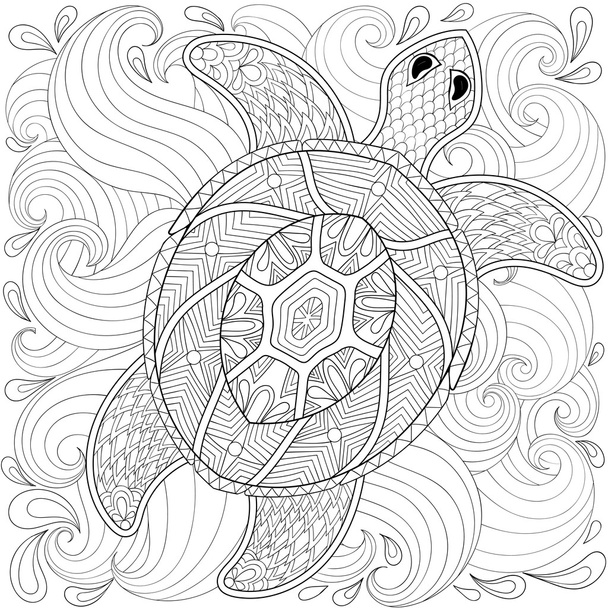 Želva ve vlnách oceánu, styl Zentangle. Náčrt programu FreeHand pro Adul - Vektor, obrázek