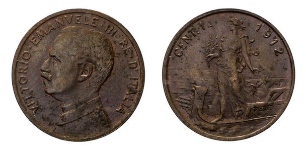 Jeden 1 cent lirów miedź moneta 1912 Prora Vittorio Emanuele Iii Królestwa Włoch - Zdjęcie, obraz