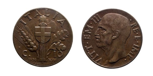ten 10 cents Lire Copper Coin 1936 Empire Vittorio Emanuele III Kingdom of Italy - Photo, Image