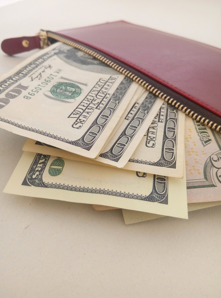 Billetes de varios dólares en el bolso de una mujer roja
 - Foto, imagen