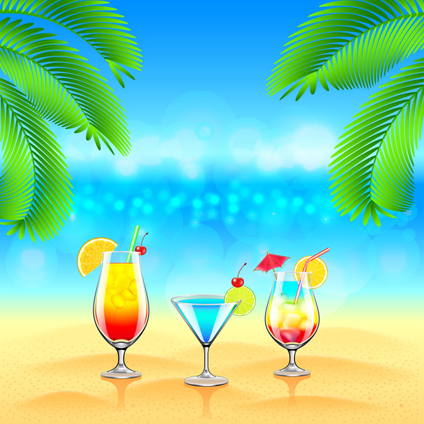 Cocktails on tropical background with sea and palms - Διάνυσμα, εικόνα