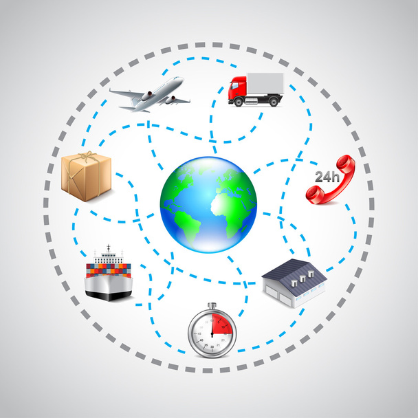 Logistics icons in sphere connected with dotted lines - Vector, Image