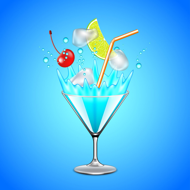 Кубики льоду та фрукти потрапляють у синій лагунний коктейль
 - Вектор, зображення
