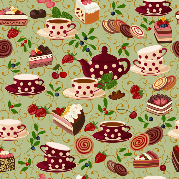 Varrat nélküli mintát teáskannák, csészék, édességek és bogyók. - Vektor, kép