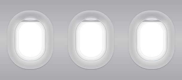Three gray blank window plane, gray airplane window, gray light template, plain aircraft window white space. - Vector, Image