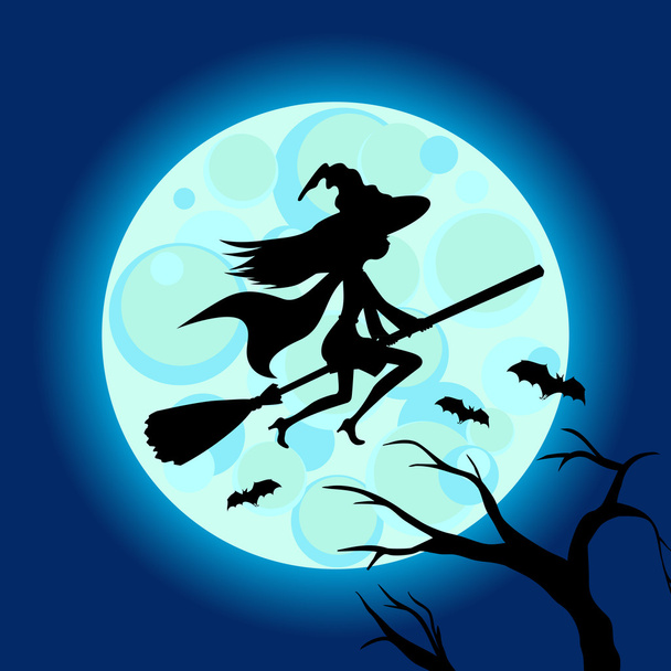 Halloween illustration of mysterious night sky with witch fly on broom and moon. Template for your design. Vector drawing. - Wektor, obraz