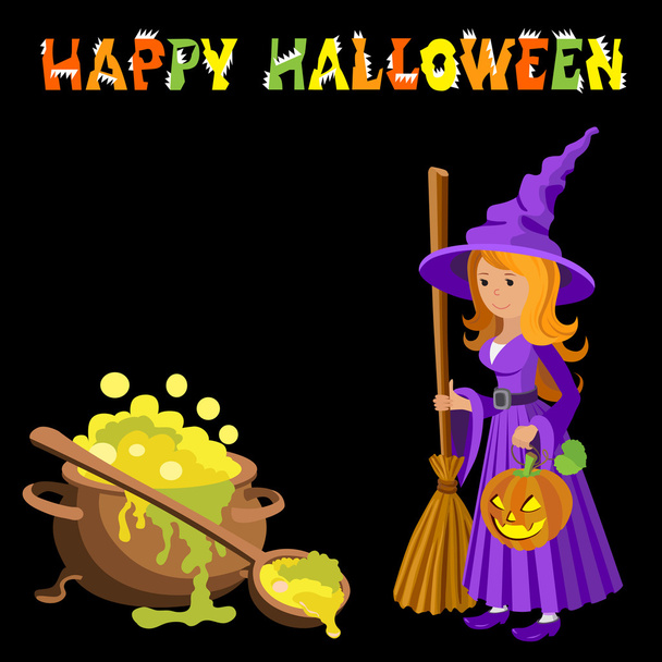 Vector cartoon image of funny witch with red hair purple dress and pointed hat, standing next to a big cauldron potion on black background. Halloween. illustration. - Vector, Imagen