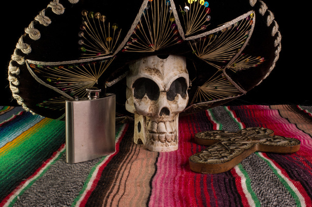 Day of The Dead Skull, Sombrero, Cross, & Tequila Flask - Photo, Image