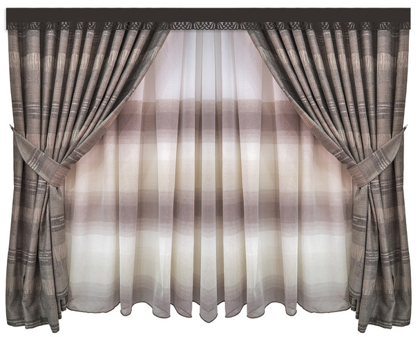 Diseño de interiores clásico. Las cortinas densas rayadas de la lana, el tul - el compañero y el pellet calado. Aislado sobre fondo blanco
 - Foto, imagen