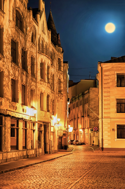 Ulice ve starém městě Riga v noci - Fotografie, Obrázek