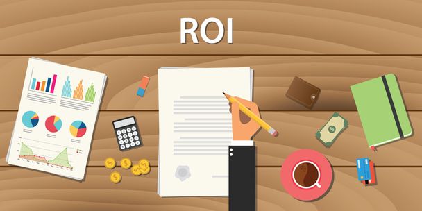 roi return on investment concept with hand work  some paper document  graph chart and wooden table - Vector, Image