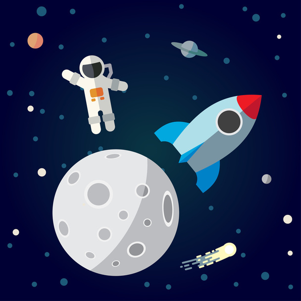  The astronaut and rocket on the moon background. Flat space theme illustration. - Vector, Image
