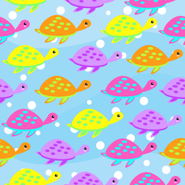 nahtloser Hintergrund der Meereswelt Illustration mit niedlichen Meeresschildkröten auf blauem Hintergrund geeignet für Tapete, Altpapier und Postkarte - Vektor, Bild