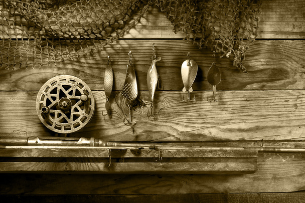 Set for fishing on the shelf. Toned sepia. - Photo, Image
