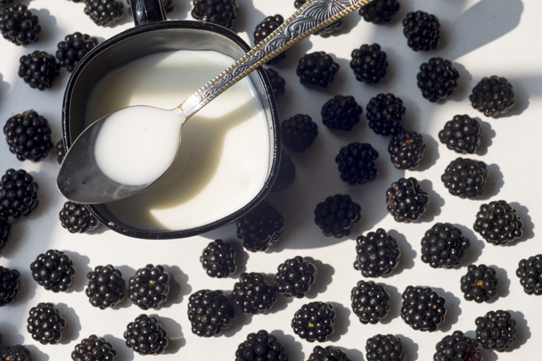 Various fresh summer berries. Blackberries and cup of milk isolated on white background. Top view - 写真・画像