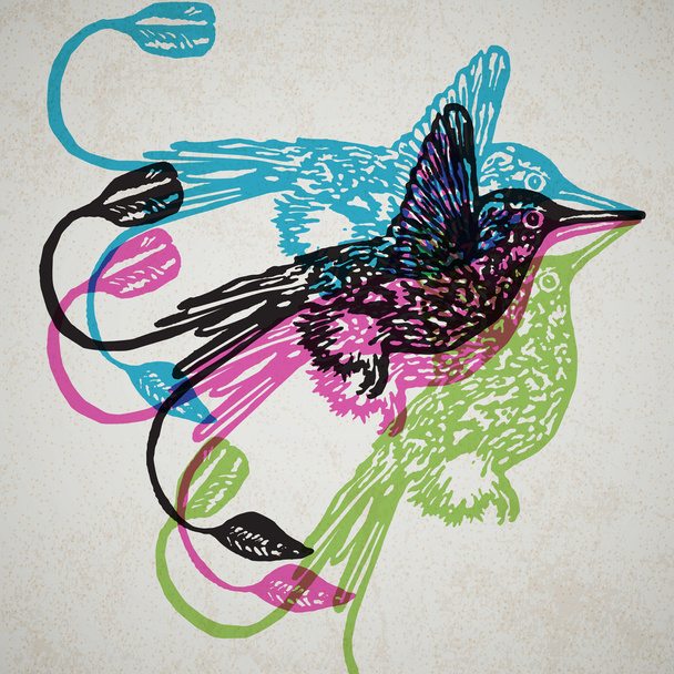 Linoryt tropičtí ptáci kolibřík na pozadí - Vektor, obrázek