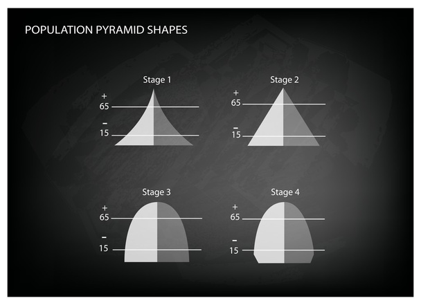 黒板背景に人口ピラミッドの 4 つのタイプ - ベクター画像