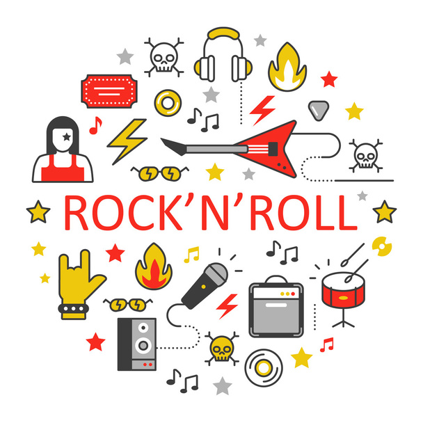 Rocknroll linia sztuki cienkie wektor ikony zestaw z instrumentami muzycznymi - Wektor, obraz