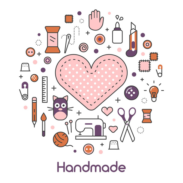 Hand Made Sewing Crafting Line Art Thin Vector Icons Set with Tools and Accessories - Vector, Image