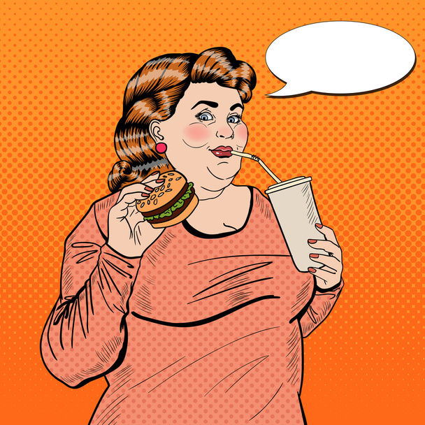 Поп-арт толстая женщина ест фаст-фуд и пьет соду. Векторная иллюстрация
 - Вектор,изображение