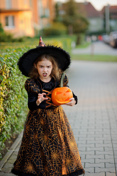 Eve of All Saints' Day. Girl 8-9 years portrays the evil enchantress. - Photo, Image