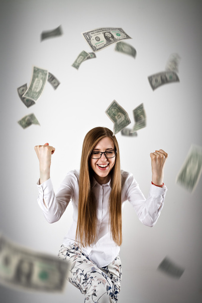 Rejoicing. Woman in white and Dollars. - Foto, immagini