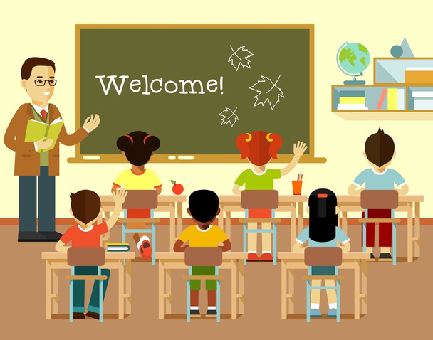 Different school children and teacher at class lesson in flat style - Vector, Image