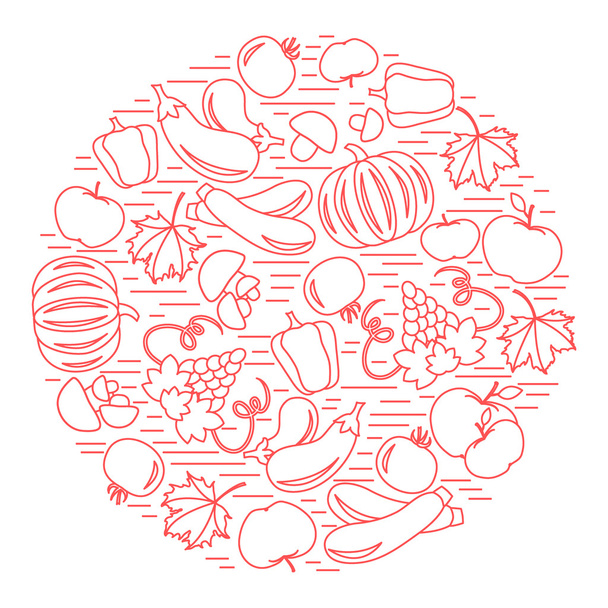 Набор осенних сезонных фруктов и овощей по кругу. Помидоры
,  - Вектор,изображение
