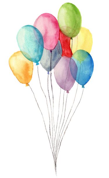 Akwarela balonów. Ręcznie malowane ilustracja niebieski, różowy, żółty, fioletowy balonów na białym tle. Strona lub obiekt pozdrowienie - Zdjęcie, obraz