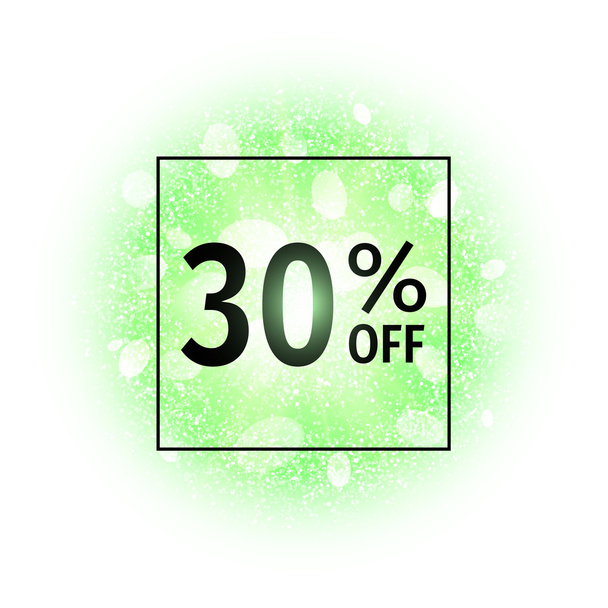 Sale banner 30 percents off on abstract explosion background with green glittering elements. Burst of glowing star. Dust firework light effect. Sparkles splash powder background. Vector illustration. - Vector, imagen