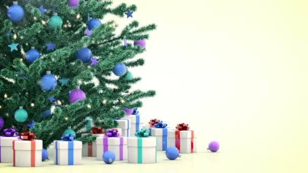 Kerstboom met geschenken, vallende sneeuwvlokken - Video