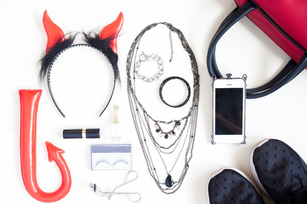 Flat lay photography with Halloween fashion accessories, cosmeti - 写真・画像