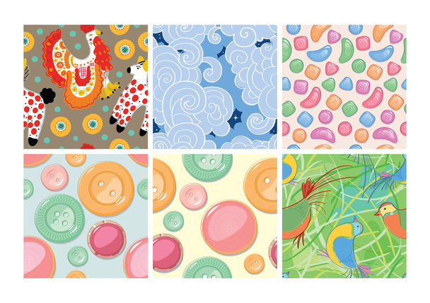 Set of seamless patterns. Dymkovo. Buttons. Candy. Birds. Ice-cream. - Vector, Image