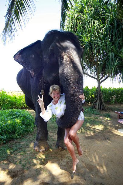 Весела зріла жінка зі слоном
. - Фото, зображення