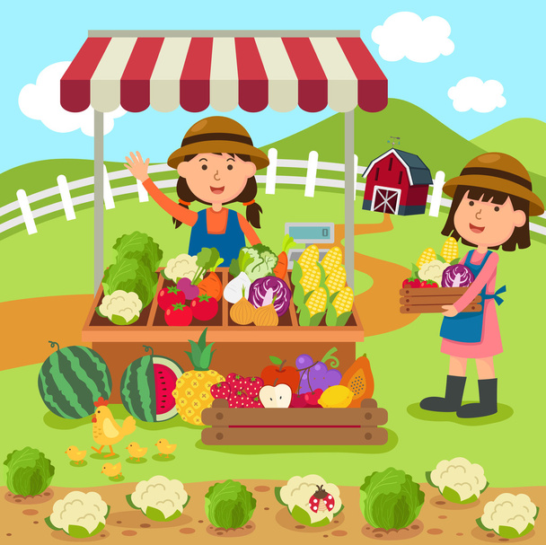 ilustração cartoon mulher vende legumes frescos e frutas hom
 - Vetor, Imagem