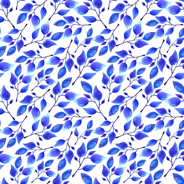 hand painted watercolor blue leaves seamless floral pattern - Fotó, kép