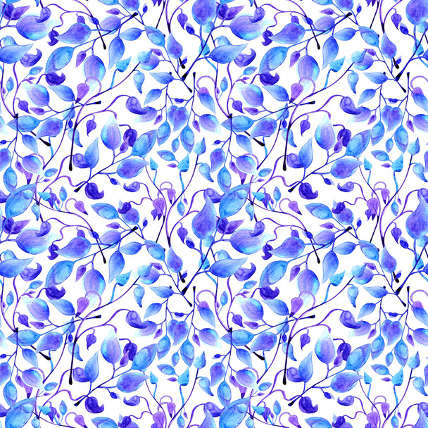 hand painted watercolor blue leaves seamless floral pattern - Fotoğraf, Görsel
