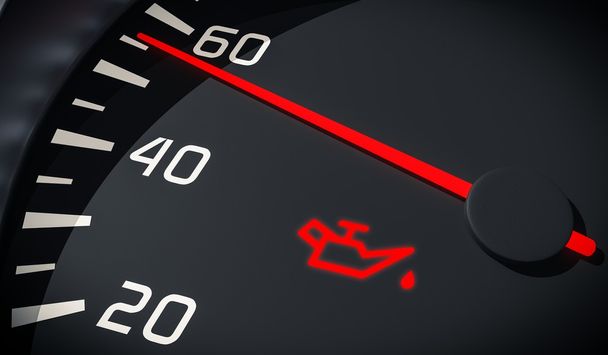 Kontrola światła w desce rozdzielczej samochodu z ostrzeżeniem o usterce oleju i silnika. ilustracja renderowana w 3D. Widok z bliska. - Zdjęcie, obraz